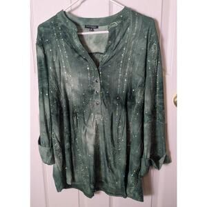 Ava & Grace 1X Top 3/4 Sleeve Tunic Embellished Green Tie Dyed Boho V Neck Shirt